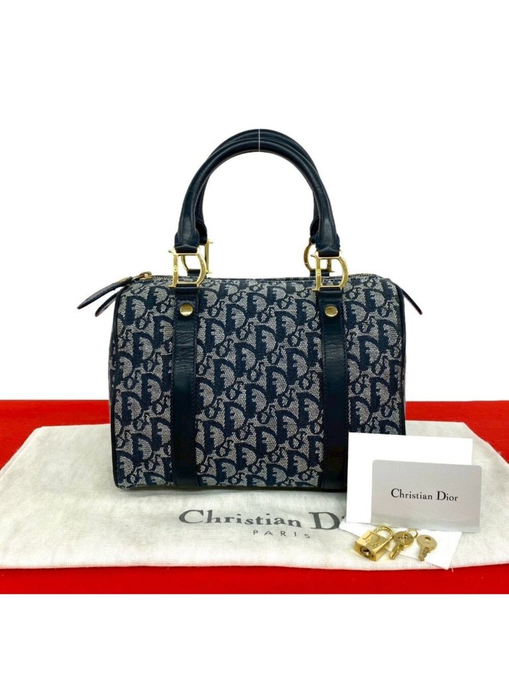 ★SOLD★ Dior Trotter Pattern Canvas Leather Mini Boston Bag Navy - Picture 1 of 10